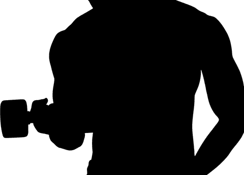 Transparent male athlete holding dumbbell with strong focus