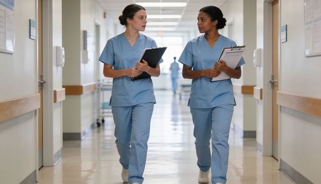 Two nurses walking and reviewing charts in hospital corridor holding clipboards