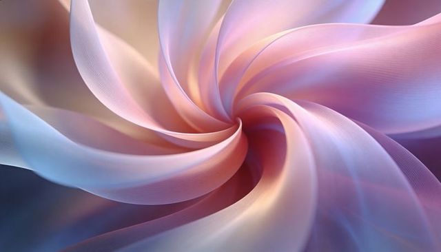 Swirling iridescent ribbon vortex forming pastel gradient spiral with luminescent layers