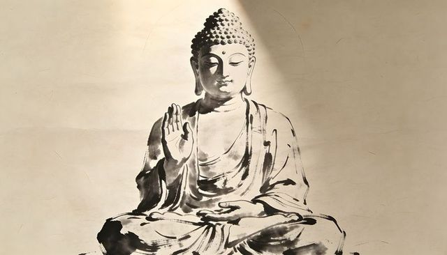 Ink-wash buddha mural meditating with raised hand on beige wall, diagonal shadow, serenity