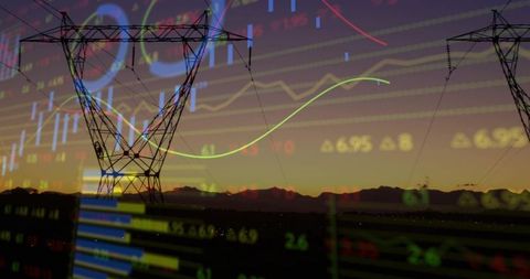 Power transmission towers dusk overlaid with energy market charts and grid visualization