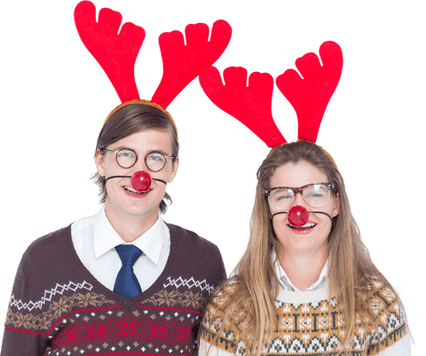 Smiling Couple Wearing Reindeer Antlers Transparent Background