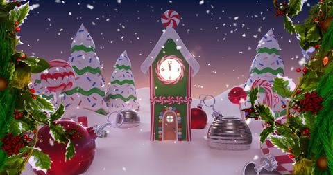 Festive Winter Wonderland with Christmas Decorations and Falling Snow - Download Free Stock Images Pikwizard.com