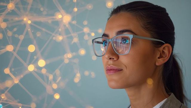 Focused professional woman wearing glasses studying glowing neural network and digital data