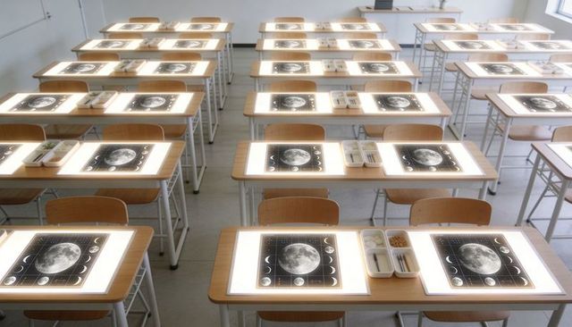 Classroom desks featuring backlit lunar lightboxes showing moon phase grid charts