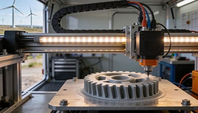Industrial 3d printer fabricating large gear in mobile workshop with wind turbines