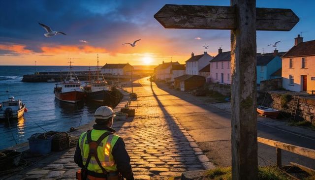 Standing dock worker watching moored fishing boats at golden sunset on cobblestone quay