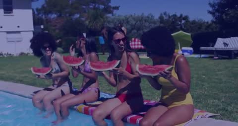 Friends Enjoying Watermelon Poolside in Summer