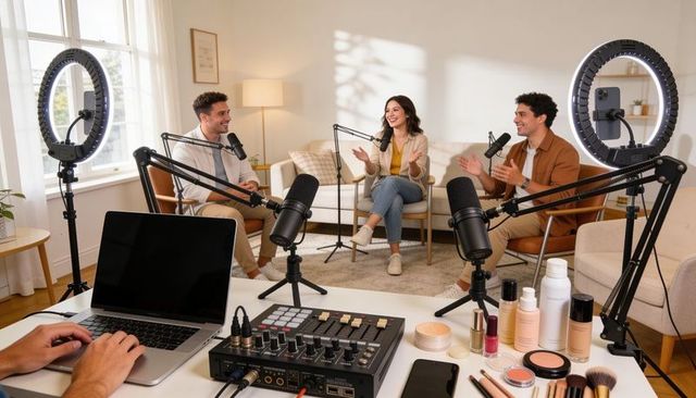 Recording podcast hosts and guest in cozy living room studio with makeup products