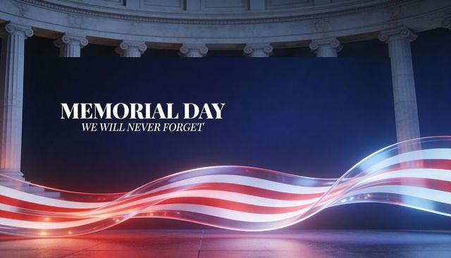 Memorial day tribute ribbon waving in classical rotunda with we will never forget headline