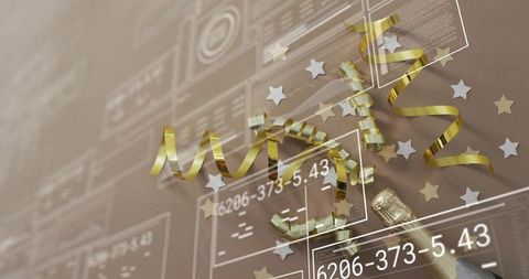 Champagne celebration with gold ribbon curls and star confetti, beige tabletop ui overlays