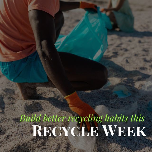 Image shows African American male volunteer engaged in beach cleanup, promoting recycling efforts during Recycle Week. He wears gloves and collects garbage into a plastic bag. This photo can be used for environmental campaigns, volunteer recruitment, sustainability projects, or educational purposes focused on waste management and eco-friendly practices.
