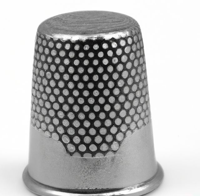 Image of close up of silver thimble and copy space on white background. Clothing, sewing and tailoring concept.