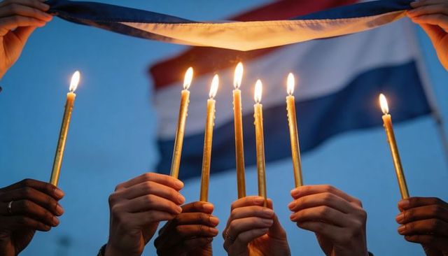 Holding Seven Lit Candles Under Tricolor Flag During Candlelight Vigil at Dusk