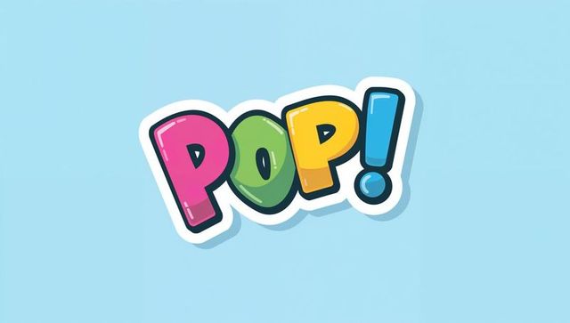Playful pop! sticker featuring colorful cartoon typography on pastel light-blue backdrop