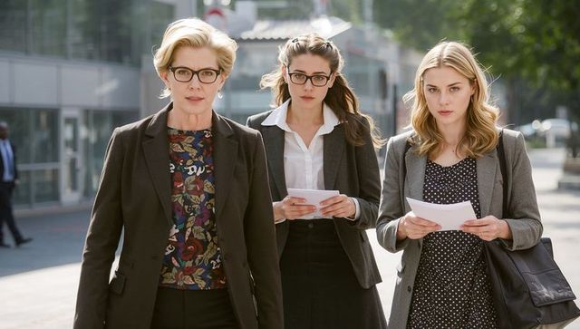 Confident professional women walking city sidewalk holding documents wearing blazers