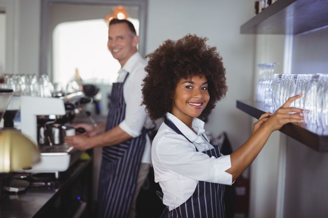 Waitress with afro hair arranging glasses on shelf while smiling at camera. Male colleague working in background. Ideal for illustrating teamwork, hospitality, and customer service in restaurants or cafes. Useful for marketing materials, websites, and advertisements related to the food and beverage industry.