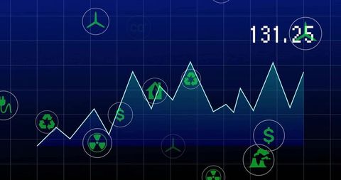 Dynamic cyan data trend line with green eco icons on navy background