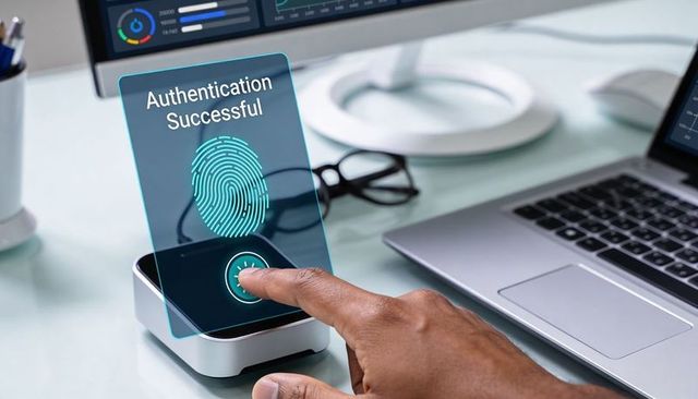 Fingerprint Authentication Hologram Showing Successful Biometric Login on Office Desk