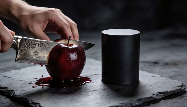 Ornate engraved knife slicing glossy red apple with bloodlike juice dripping on dark slate