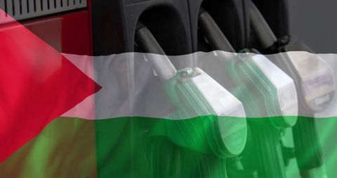 Oil pumps with palestinian flag symbolizing energy and conflict