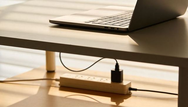 Laptop charging on minimalist two-tier desk casting golden-hour shadows and warm light