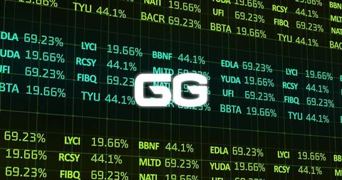Bright white gg logo in front of digital financial grid