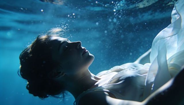 Floating woman in translucent white gown, ethereal underwater portrait for wellness