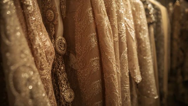 Glowing gold-beige embroidered gowns hanging on boutique rack with sequined brooches