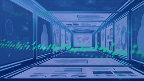 Digital Tunnel of Glowing Data Screens with Infographics