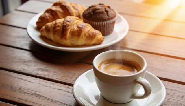 Steaming espresso cup with croissants and chocolate muffin on wooden table morning light
