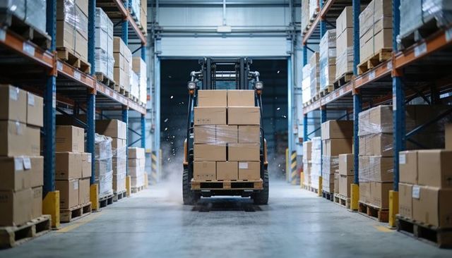 Forklift carrying pallet of cardboard boxes in illuminated industrial warehouse aisle