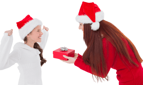 Mother Presenting Christmas Gift to Excited Daughter on Transparent Background