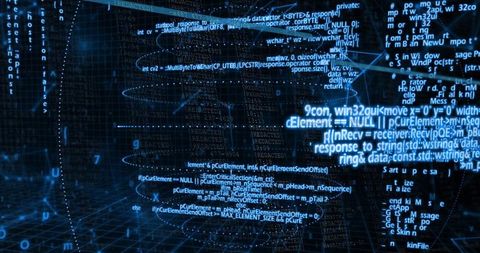 Neon code tunnel pulsing with floating data panels and wireframe grid immersive cyberspace
