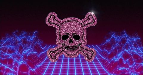 Glittering Pink Skull and Crossbones in Neon Digital Landscape