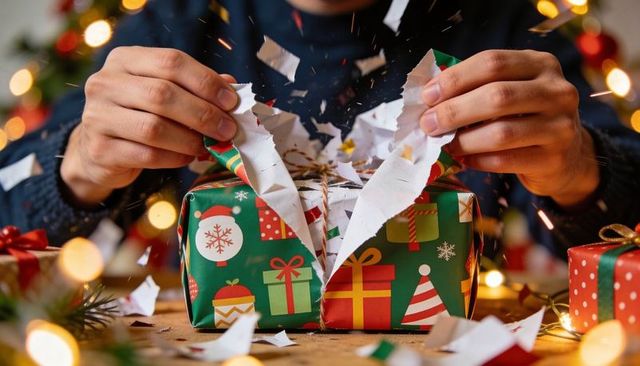 Hands Unwrapping Festive Green Gift with Confetti and Warm Bokeh Lights on Holiday Table