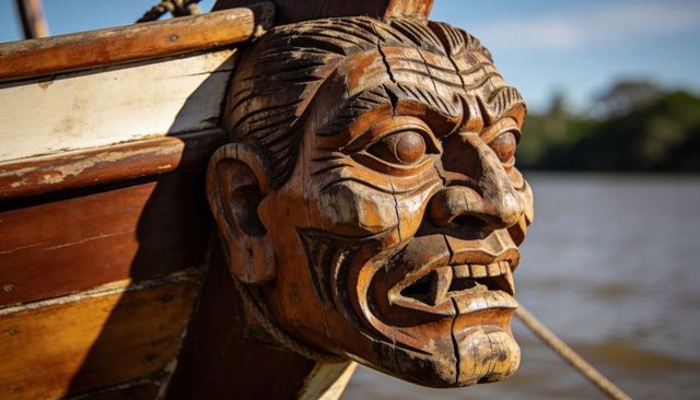 Weathered wooden figurehead on boat bow showing cracked grain and nautical patina