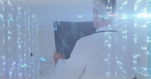 Doctor Analyzing X-ray with Futuristic Data Streams
