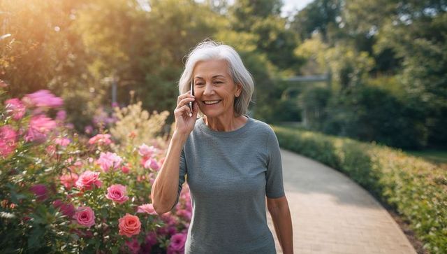Senior woman walking through rose garden talking on smartphone, enjoying sunny park stroll