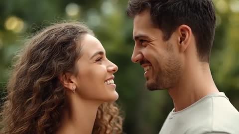 Couple Locking Eyes and Sharing Smiles in Leafy Park