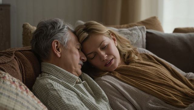 Relaxing mature couple cuddling on sofa wearing knitted scarf and plaid shirt