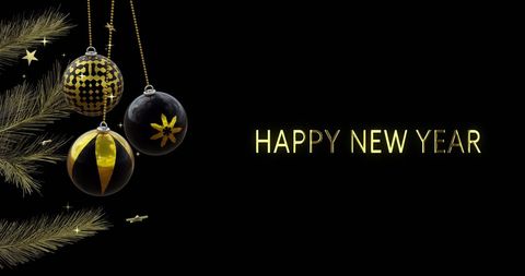 Elegant New Year Greeting with Black and Gold Baubles