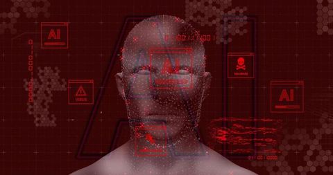 Red cybernetic head scanning with ai malware hud, point cloud biometric grid overlay