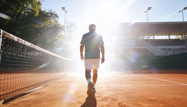 Senior man walking across sunlit clay tennis court with dramatic backlight and lens flare