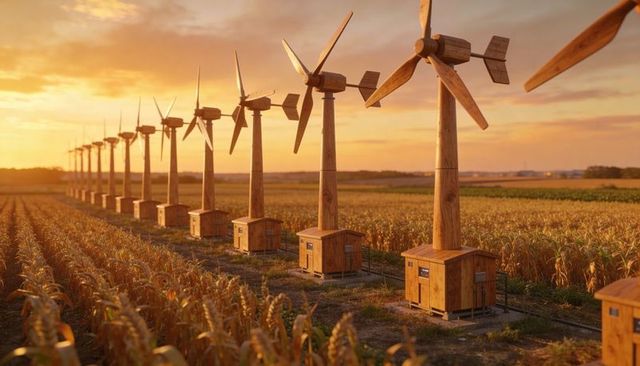 Wooden wind turbines generating clean energy over golden grain field at sunset