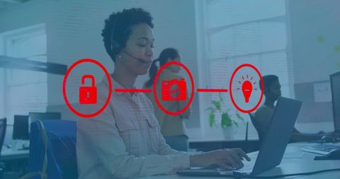 Businesswoman Multitasking with Digital Interface and Network Graphics