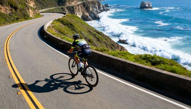 Cyclist riding winding scenic coastal road with dramatic cliffside ocean waves