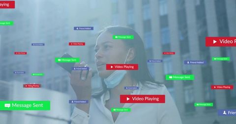 Speaking businesswoman with smartphone and floating notification labels in urban highrise