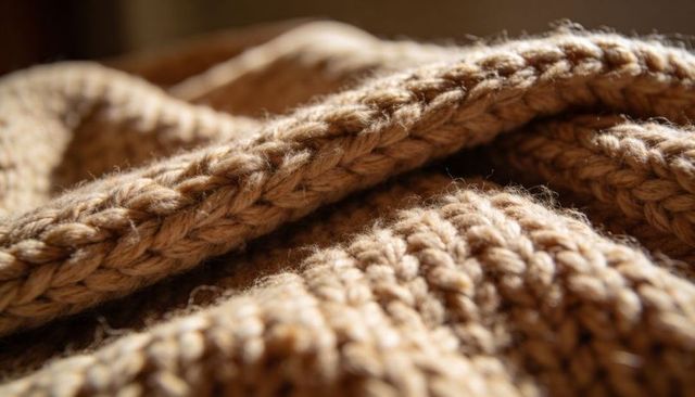 Showing tan chunky cable knit wool texture braided yarn close-up cozy textile backdrop