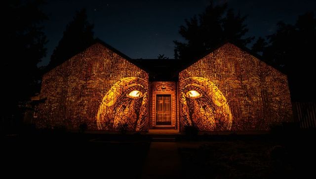 Artistic Eye Illumination on House Exterior Under Night Sky